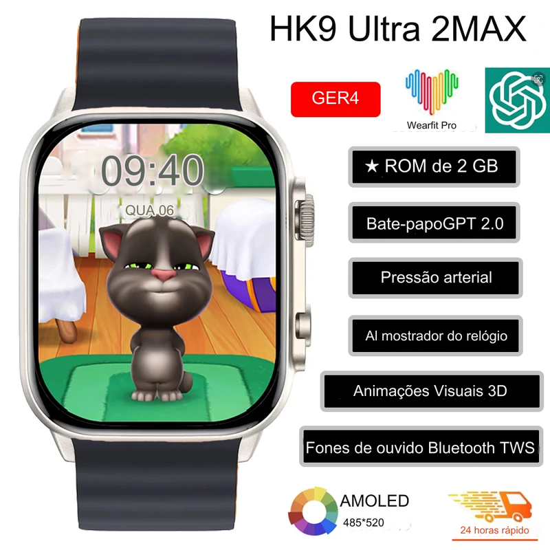 smartwatch HK9 Ultra 2 Max com tela de alta definição, exibindo notificações e interações inteligentes. Este smartwatch moderno oferece acesso fácil a chamadas, mensagens e monitoramento de saúde avançado, incluindo frequência cardíaca e atividade física. A integração com ChatGPT 2024 permite interações por voz e respostas instantâneas. Ideal para quem busca tecnologia wearable de ponta.