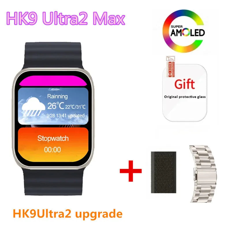 smartwatch HK9 Ultra 2 Max com tela de alta definição, exibindo notificações e interações inteligentes. Este smartwatch moderno oferece acesso fácil a chamadas, mensagens e monitoramento de saúde avançado, incluindo frequência cardíaca e atividade física. A integração com ChatGPT 2024 permite interações por voz e respostas instantâneas. Ideal para quem busca tecnologia wearable de ponta.