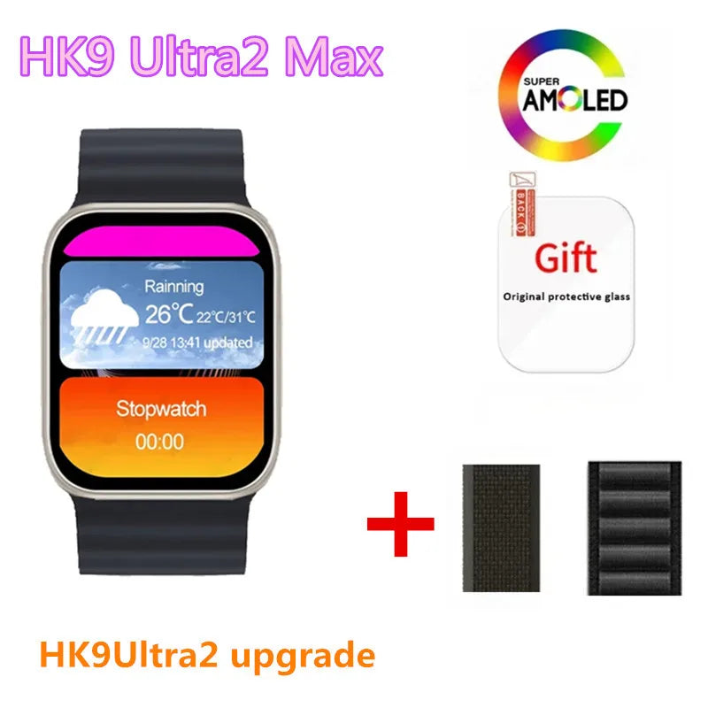 smartwatch HK9 Ultra 2 Max com tela de alta definição, exibindo notificações e interações inteligentes. Este smartwatch moderno oferece acesso fácil a chamadas, mensagens e monitoramento de saúde avançado, incluindo frequência cardíaca e atividade física. A integração com ChatGPT 2024 permite interações por voz e respostas instantâneas. Ideal para quem busca tecnologia wearable de ponta.